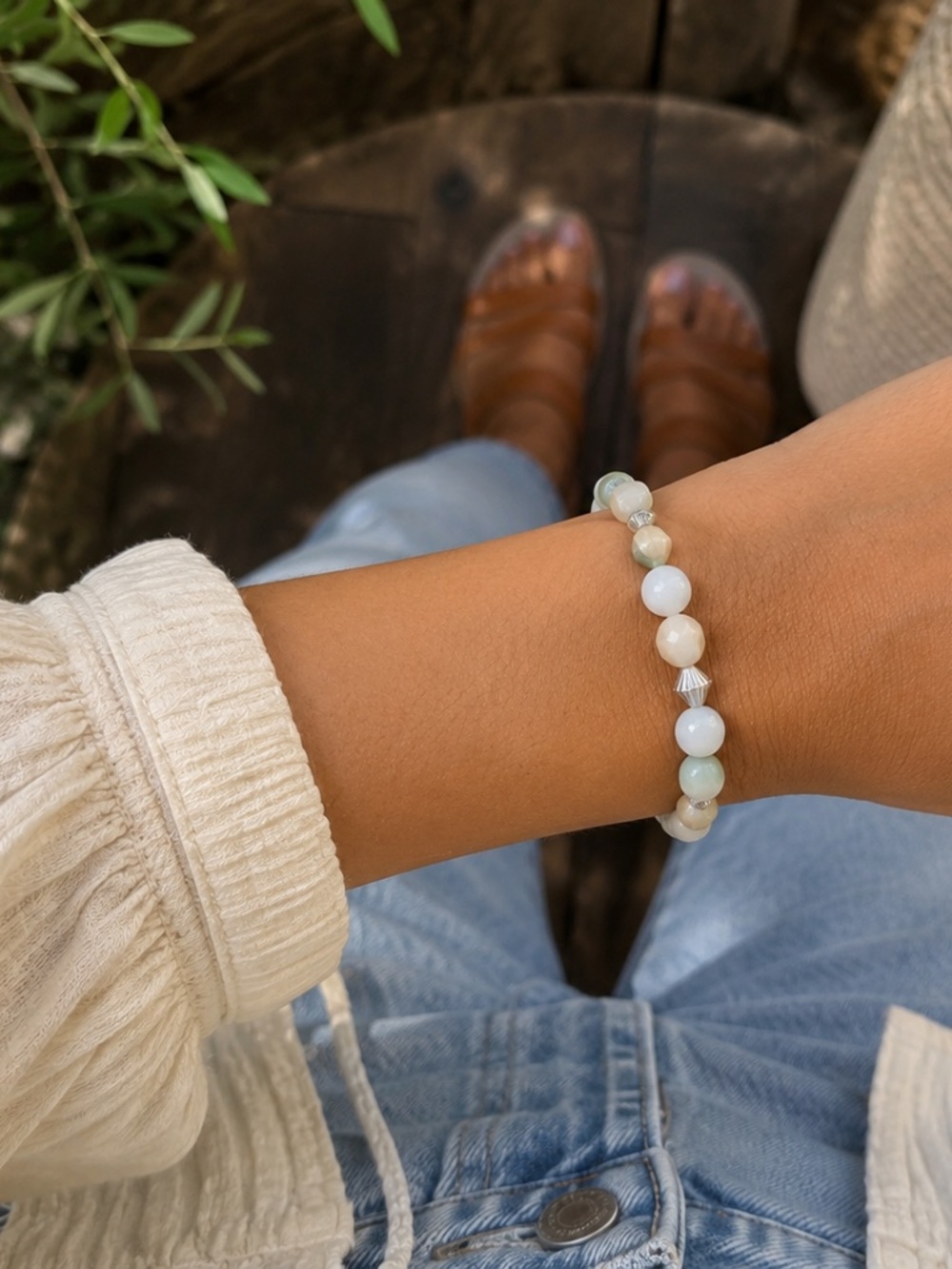 {Handmade} White and Green Stone Bracelet